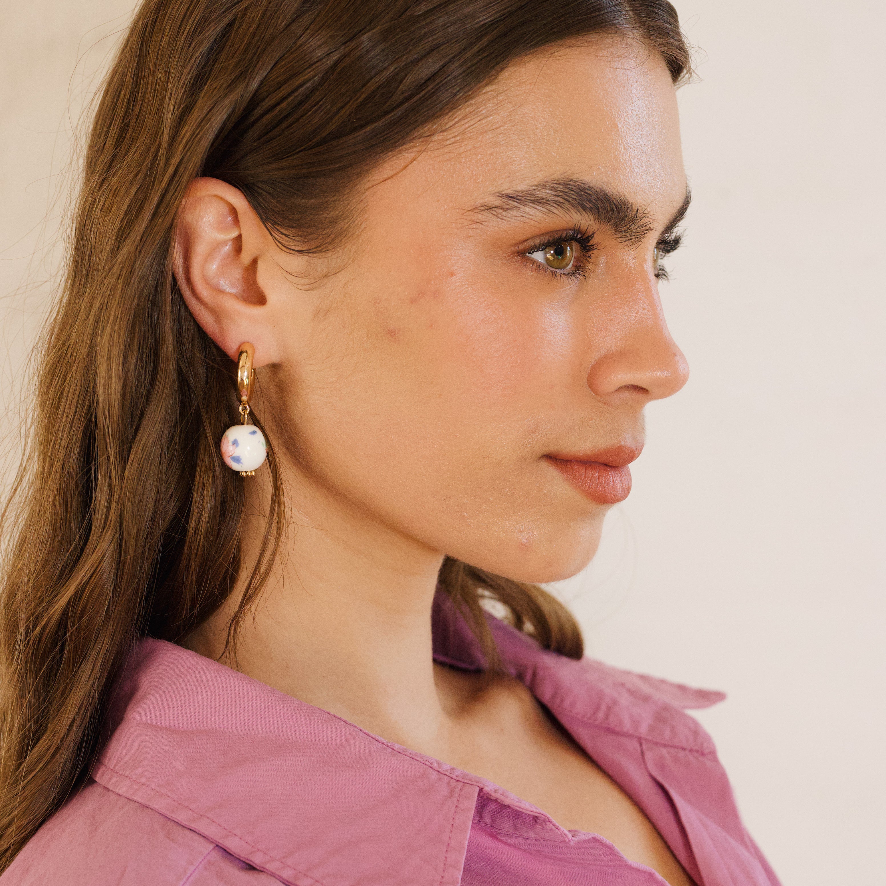 Mirabel Floral Bead Gold Hoop Earring Pink