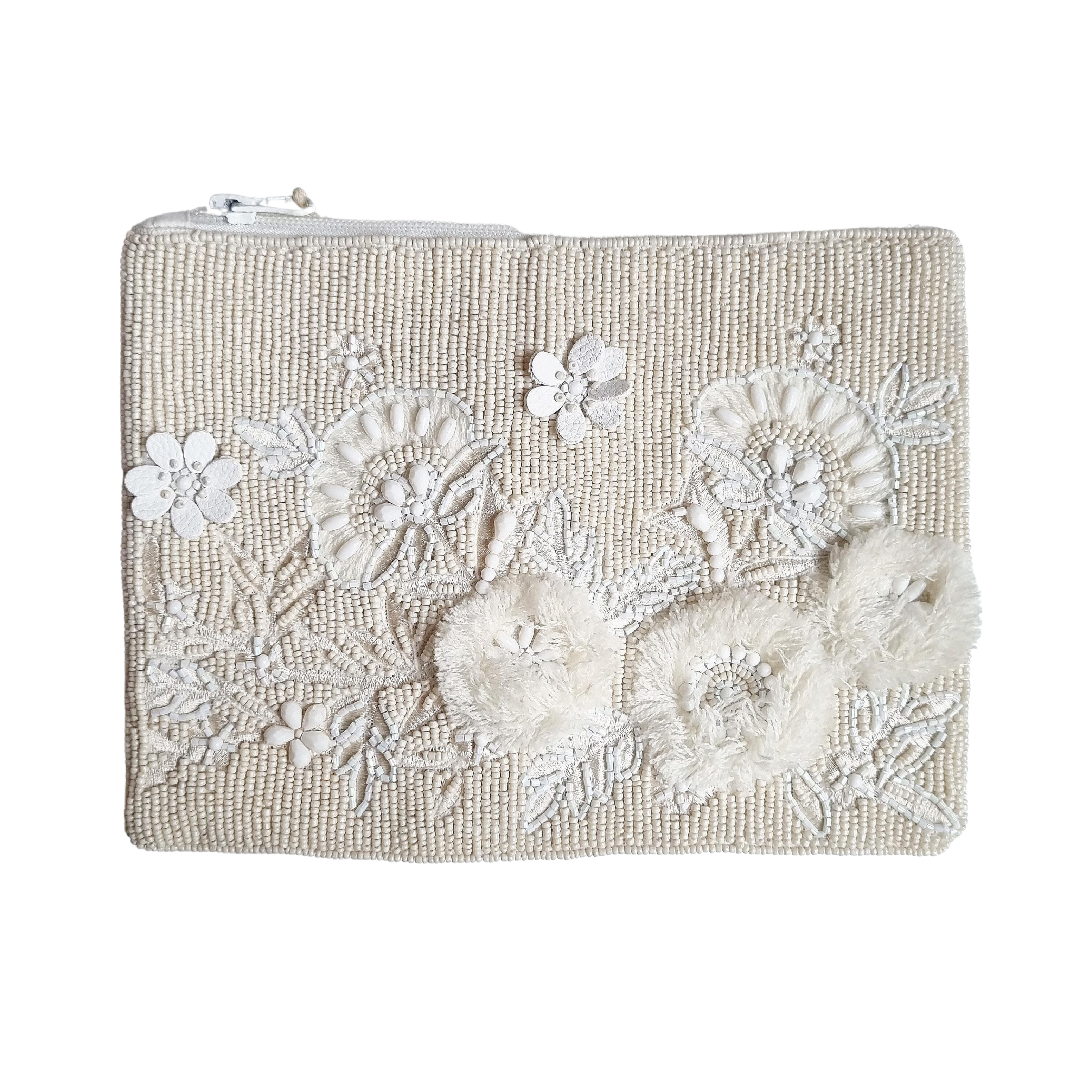 Cream Floral Beaded Clutch EX020