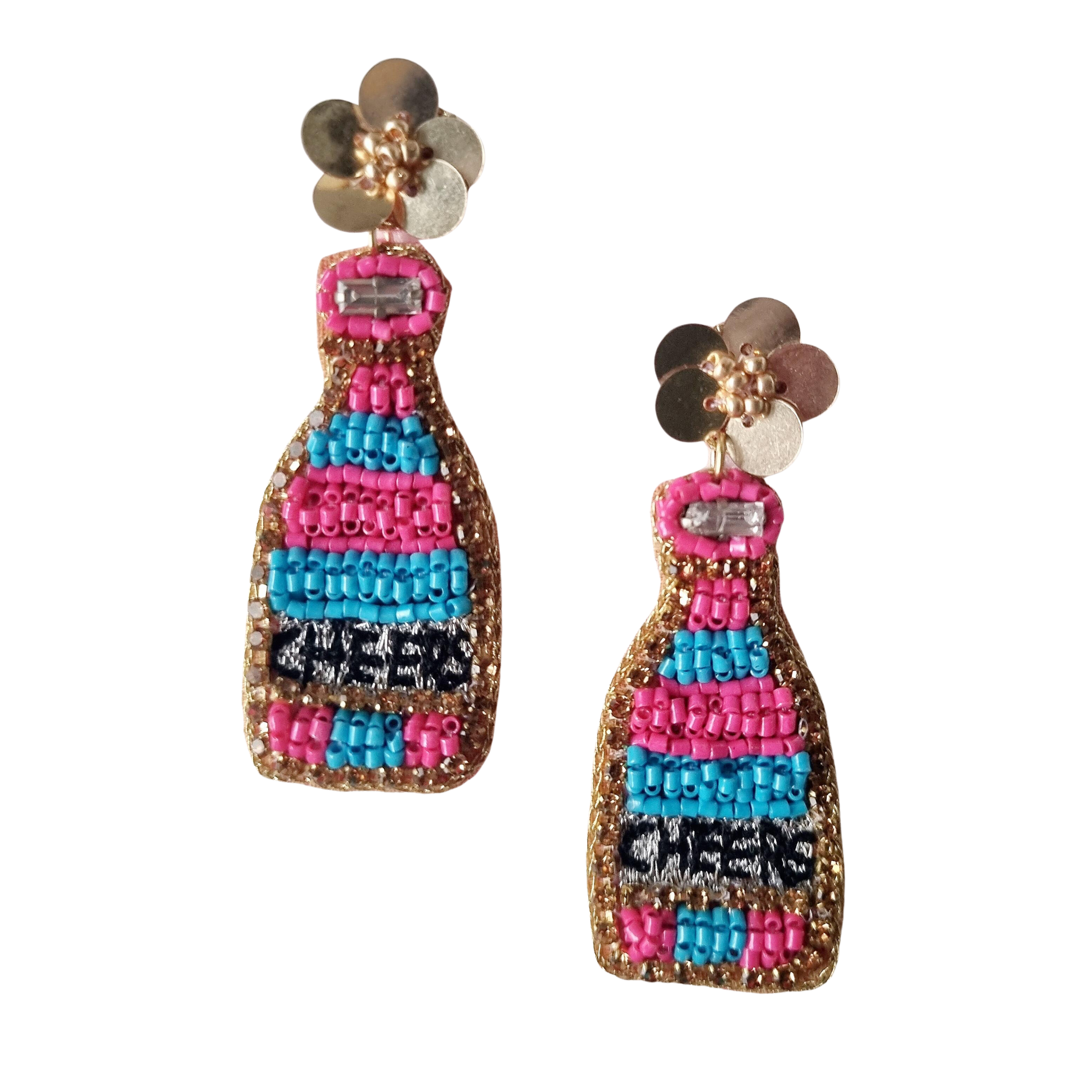 Beaded Cheers Champagne Bottle Earring Hot Pink Multi