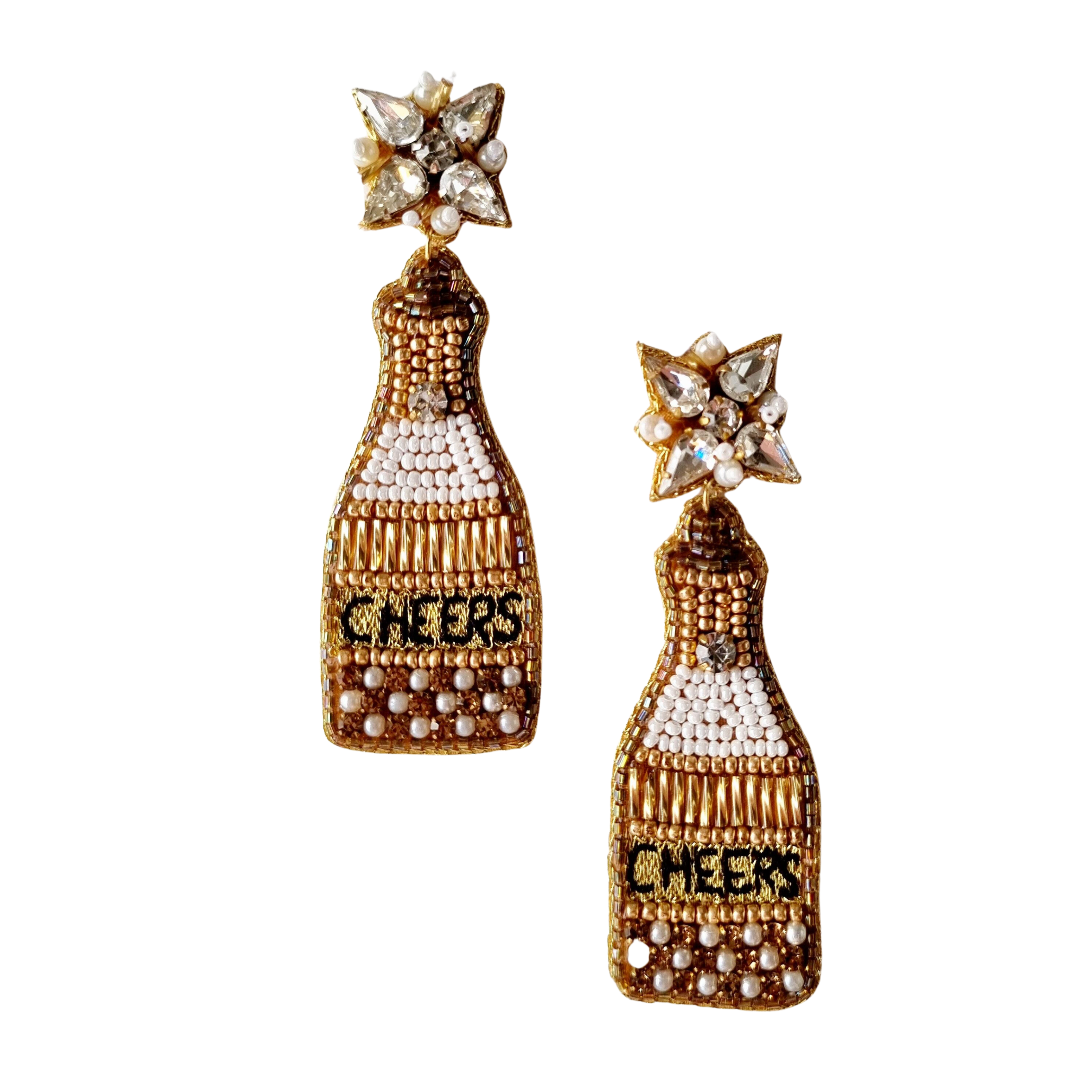 Beaded Cheers Champagne Bottle Earring Gold