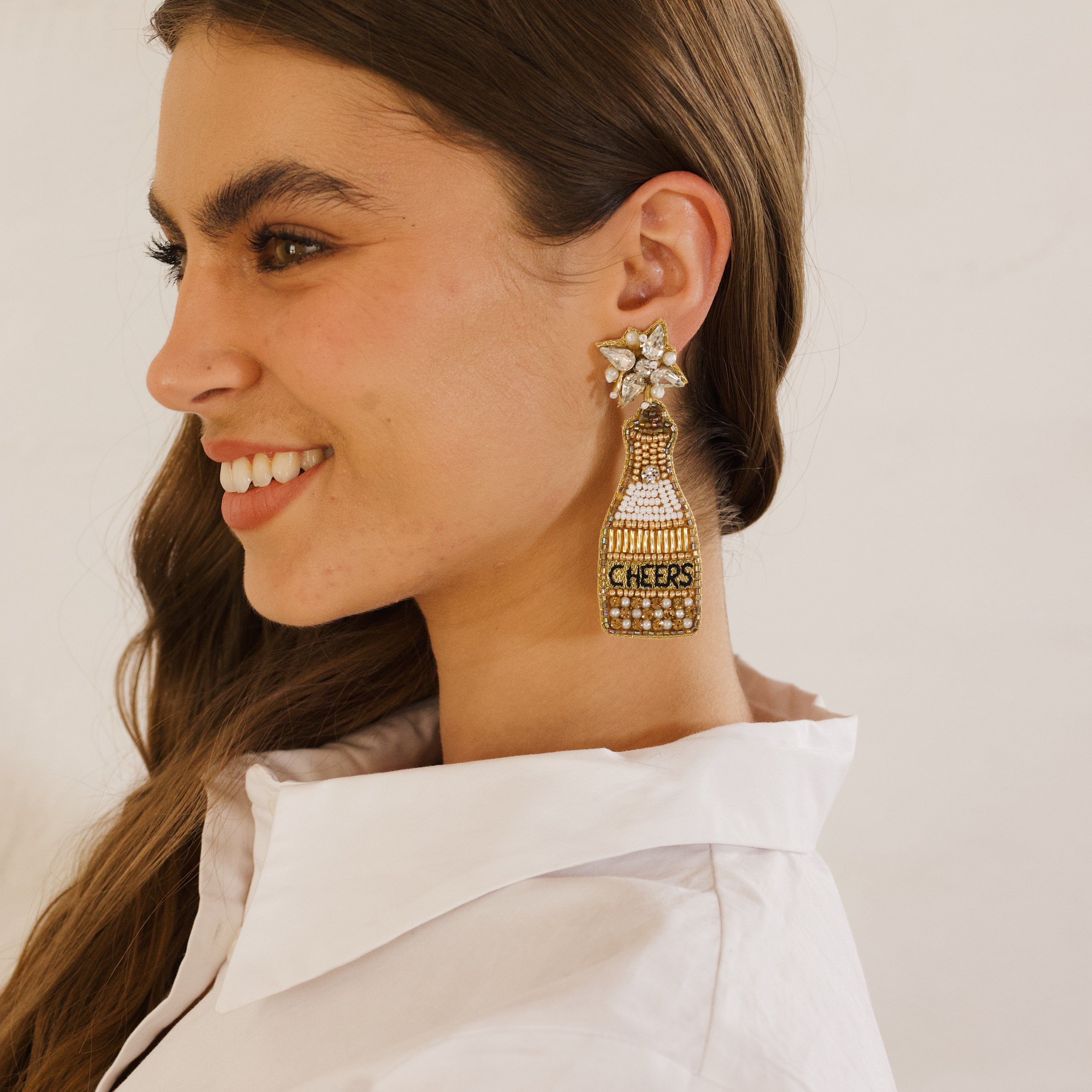 Beaded Cheers Champagne Bottle Earring Gold