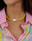 Glass Bead Necklace with Freshwater Pearl Yellow FJNE19395YE