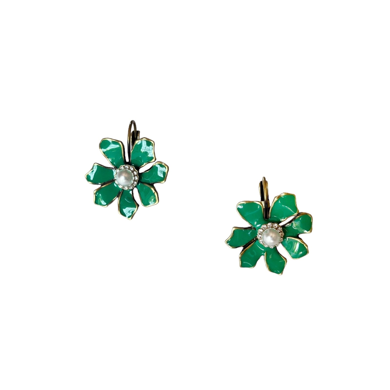 Enamel Pearl Flower Earring Green