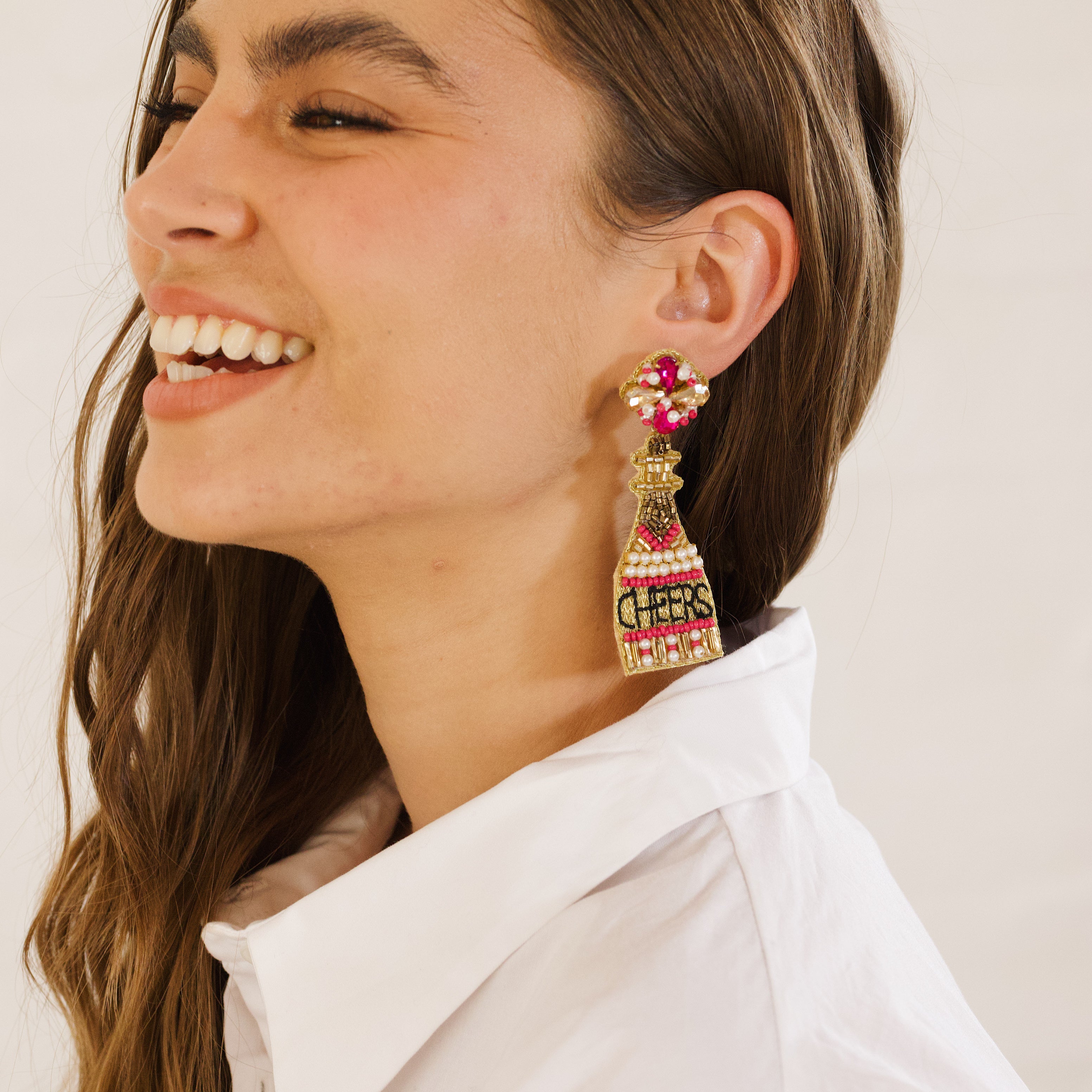 Beaded Cheers Champagne Bottle Earring Hot Pink